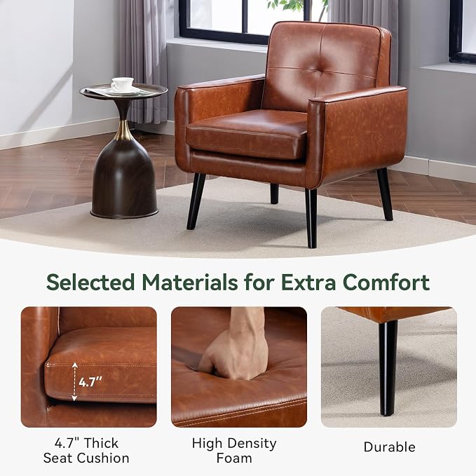 Vogue Furniture Direct Accent Chair Set of 2, PU Leather Modern Chair with Wooden Frame, Cozy Armchair Reading Chair with Comfy Back for Apartment, Living Room, Bedroom, Small Space, Corner, Brown