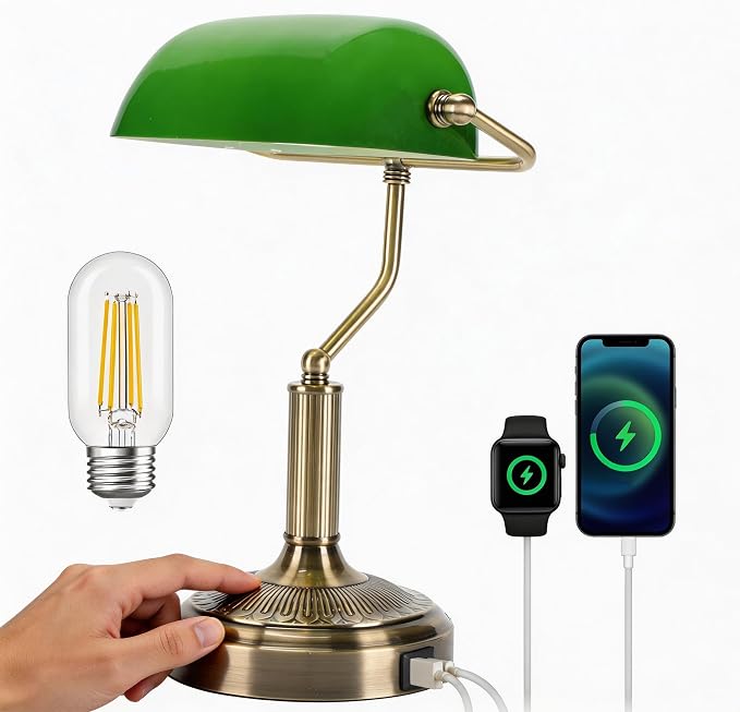 Vintage Bankers Lamp, Green Glass with Antique Brass Finish, USB & Type-C Charging Ports, 3-Way Dimmable Touch Control Desk Lamp for Home Office, Piano, Library (Brass+Green)