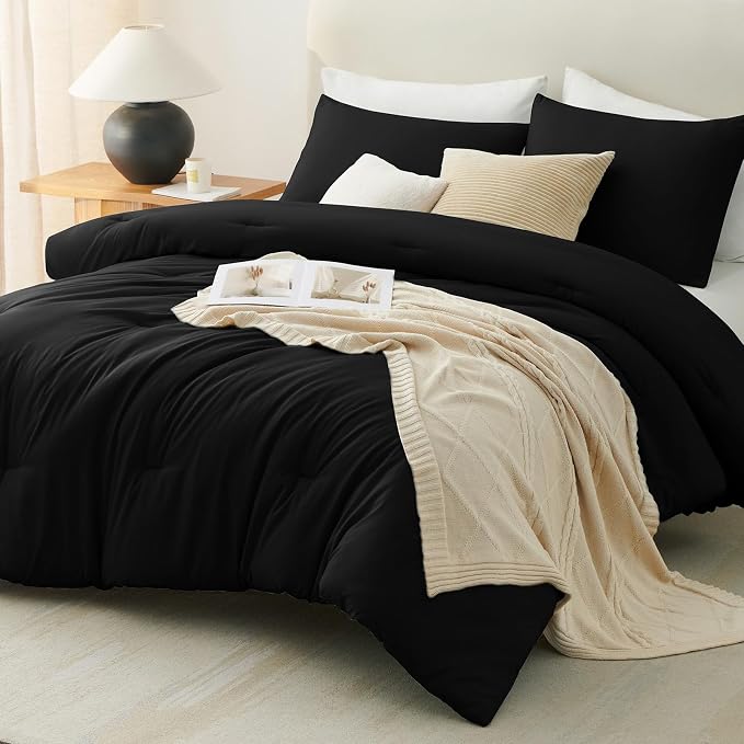 CozyLux Oversized Queen Comforter Set Black, 3 Pieces 98"x98" Lightweight Down Alternative Quilted Bedding Sets, All Season Soft Breathable Solid Comforter with 2 Pillowcases, Bed Set Gift for Home