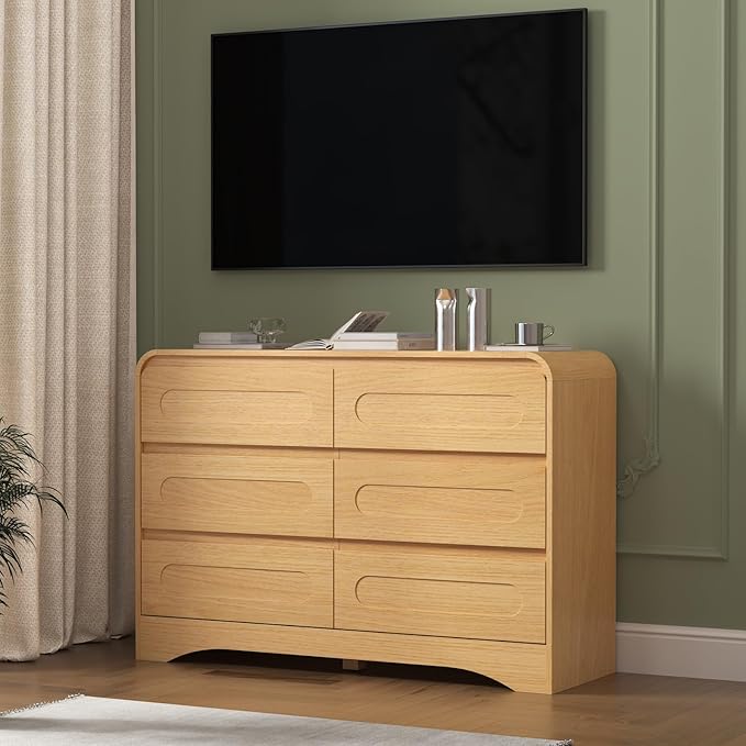 Dresser for Bedroom with Pre-Installed Slides, 6 Drawer Modern Wood Chest of Drawers, 47" Wide Storage Dresser for Bedroom or Hallway, Natural Oak