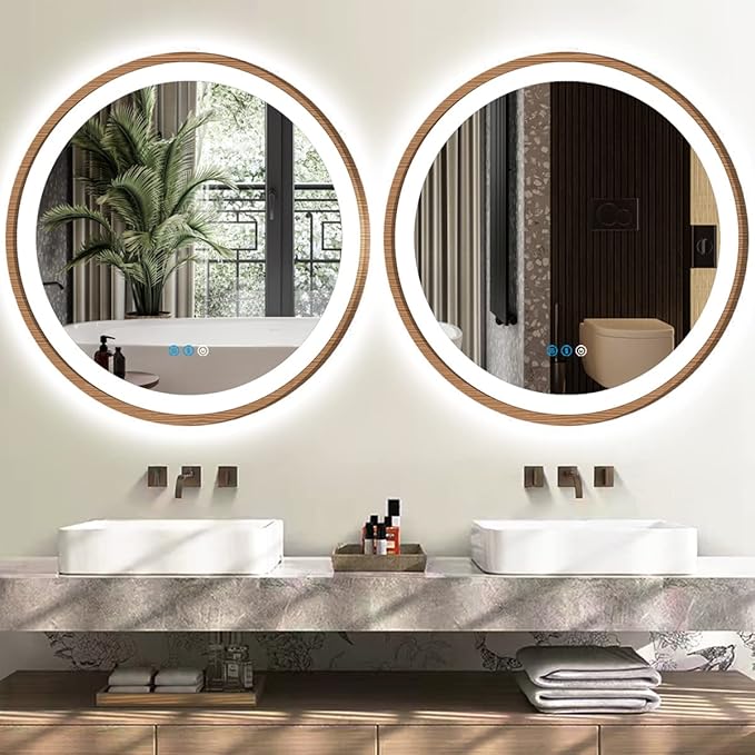 30 Inch Bathroom Round Wood LED Mirror with Wood Frame Round Lighted Vanity Mirror with Lights 3 Color Dimmable Anti Fog 30" Wood Circle LED Mirror for Bathroom Wall Round Smart Light up Mirror