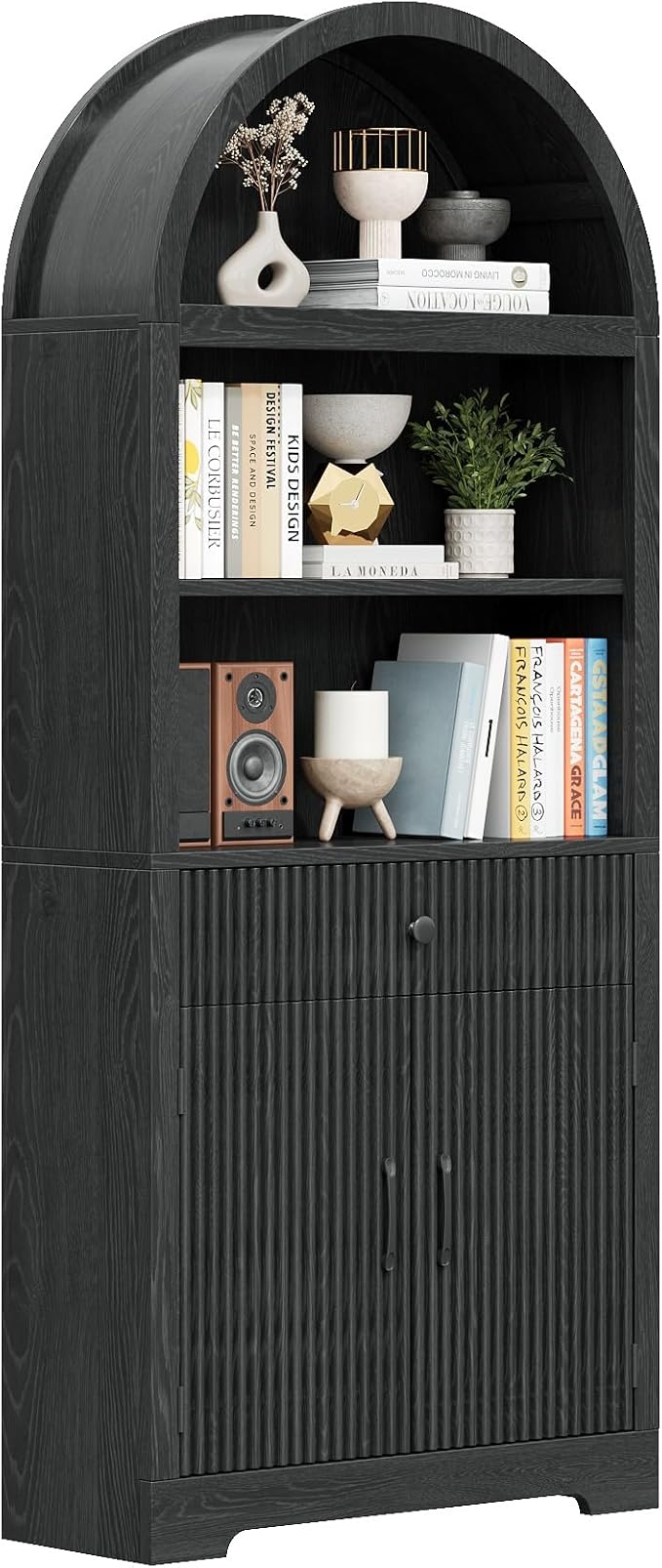 Farmhouse Arched Bookshelf, Mid-Century Modern 5-Tier Curved Cabinet with Door, Wooden Bathroom Storage Cabinet, Kitchen Pantry Cabinet for Living Room, Kitchen,Home Office, Black X2