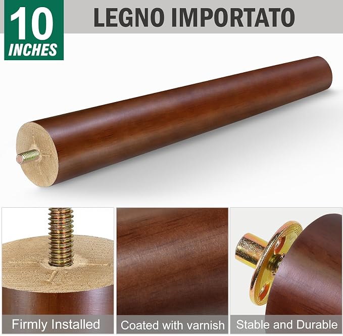 FoDau770 Brown Rubber Wood Furniture Legs 10 Inches, Straight Tapered Wood Feet Mid Century Sofa Legs Set of 4, 5/16" UNC Furniture Feet for Cabinet Couch Dresser Chair Ottoman Table