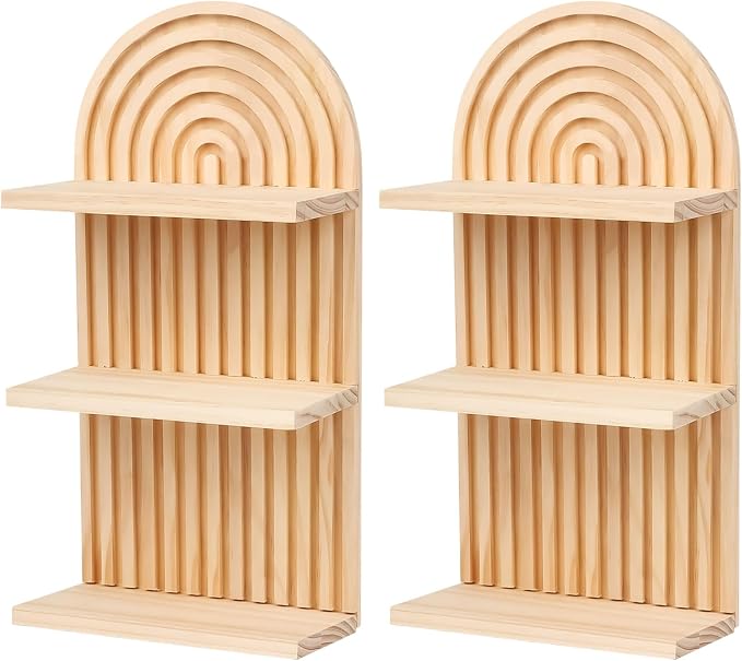 Boho Wall Decor Floating Shelves for Bedroom and Living Room, Mid Century Modern Wooden Wall Shelf Set for Plants and Display, Vintage Arched Decorative Shelves 2 pcs