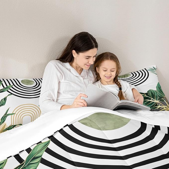 Erosebridal Boho Mid Century Toddler Bedding Set Vintage Minimalist Art Comforter Set Abstract Tropical Aesthetic Down Comforter for Kids Teens Retro Botanical Leaves Sun Bed Set Bedroom Decor
