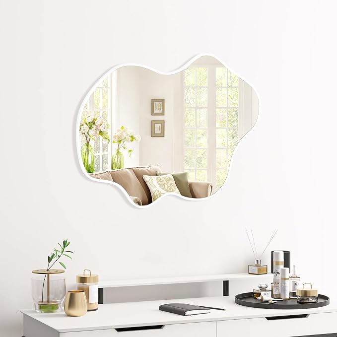 Tanmicoshomy White Irregular Wall Mirror 22x30 Inch, White Framed Cloud Shaped Asymmetrical Wavy Mirror with Tempered Glass for Bathroom Bedroom Cloakroom or Entryway