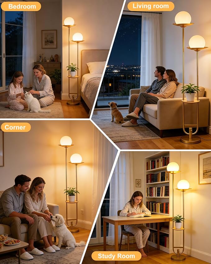 Lightdot 63IN Gold Floor Lamp 2 Globe Mid Century Standing Lamps Dimmable with 3000K Warm White LED Bulbs Unique Vintage Tall Floor Lamp with 5Lbs Heavy Base for Living Room/Wedding/Party