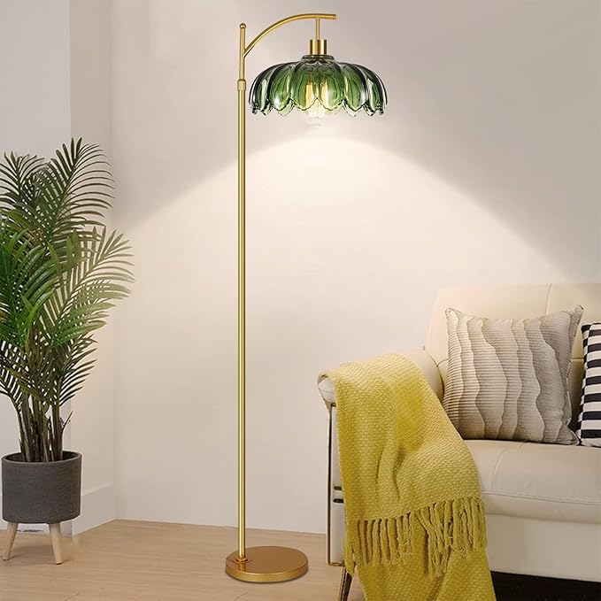 Floor Lamp for Living Room,Bedroom,Mid Century Modern Standing Lamp with Remote,Dimmable Gold Tall Lamp Glass Green Vintage Retro Arc Flower Floor Light Boho Bohemian