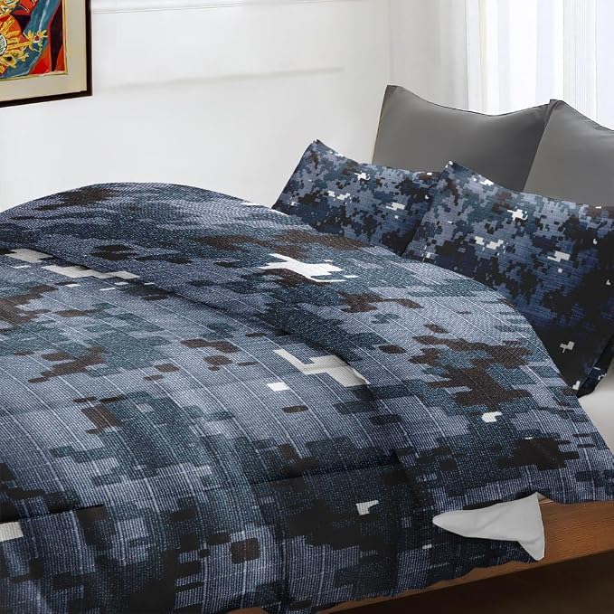 Comforter Set with Pillowcase Twin Size, Digital Navy Blue Camouflage Camo, Bed Decor Army Military Brown Gray Seal Us for Kids and Adults, Soft Cozy Bedroom Bedding Set
