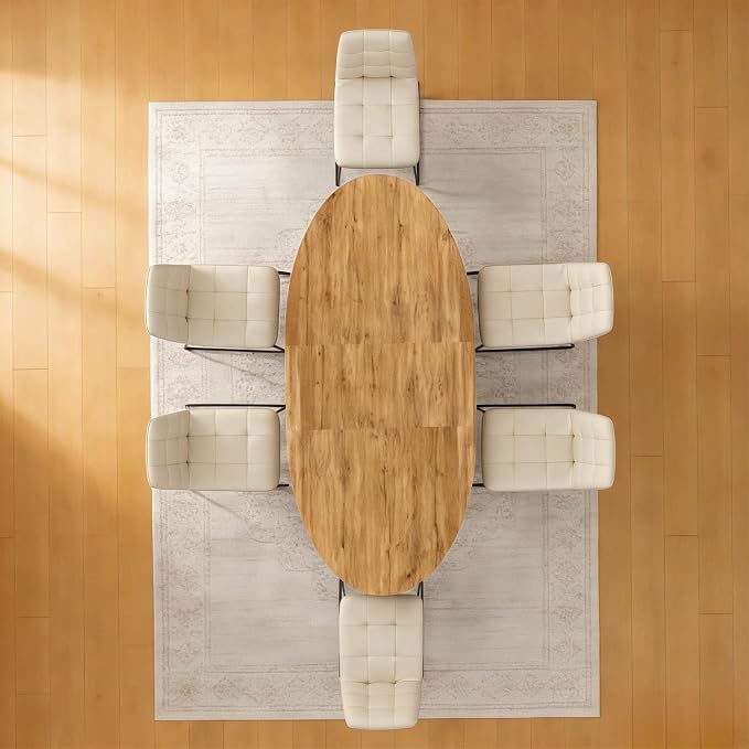 63"-78.7" Extendable Round Dining Table Set for 6, 7 Piece Mid Century Modern Oval Kitchen Table Set, Large Dining Table with 6 Dining Chairs for Living Room Space Saving(Walnut Table+6 Beige Chairs)