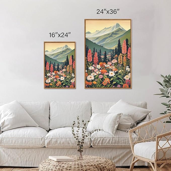Tinonedraw Large Mountain Framed Canvas Wall Art, Boho Rustic Sunrise Forest Wall Decor, Vintage Woodsy Nature Art Painting, Modern Wilderness Trees Art Print for Living Room Bedroom Office 24"x36"x3