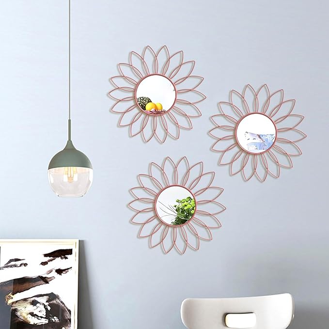 3 Pack Metal Mirrors for Wall Sunburst Wall Mirrors Home Décor Decorative Hanging Wall Art for Living Room Bedroom Entryway (Pink, Flowers)