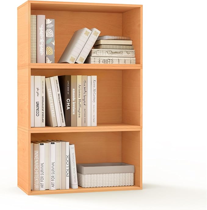3 Cube Organizer Bookcase, Easy Assembly Wooden Open Shelving Unit Book Shelf, Expandable Storage Shelves for Living Room, Office, Bedroom, Beech Color (1 Set)