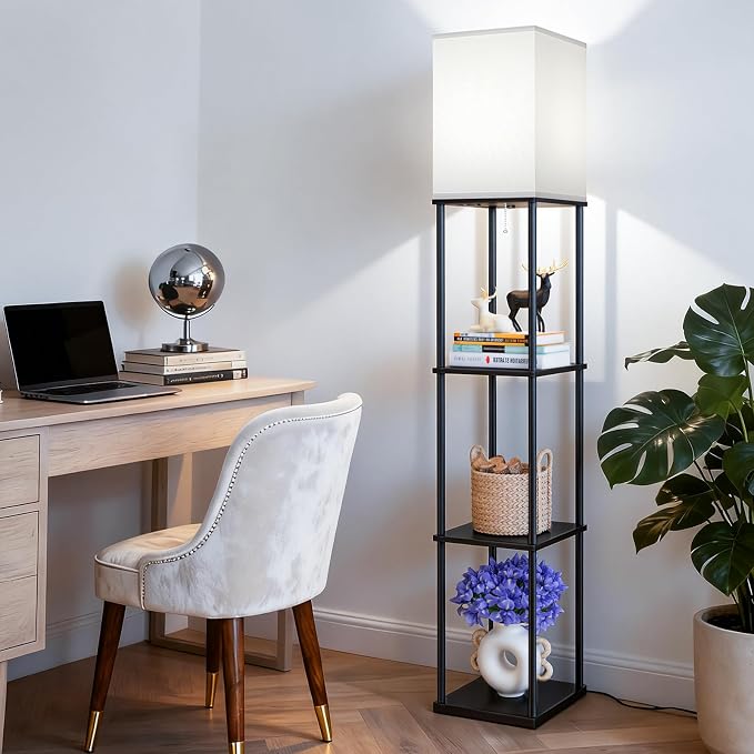 FOLKSMATE Floor Lamp with Shelves, 3-Tier Modern Square Bookshelf Floor Lamp, 3 Color Temperature Bulb Included, Black Floor Lamps for Living Room Bedroom Corner