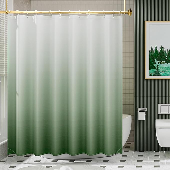 AmazerBath Fabric Shower Curtain Set, Ombre Grass Green Curtain with 12 Curtain Hooks, Rustic Cloth Green and White, Cute Washable Bathroom Shower Curtain, 72x72 Inches