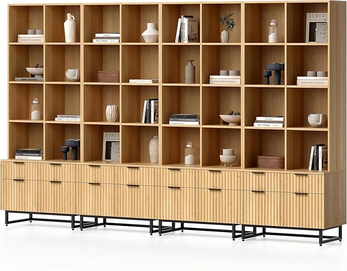 Fluted Tall Bookcase with Drawers Set of 3, 71" Tall Bookshelf Display Cabinet with Open Adjustable Shelf, Mid Century Farmhouse Book Shelf for Office Kitchen Living Room (Natural Oak)