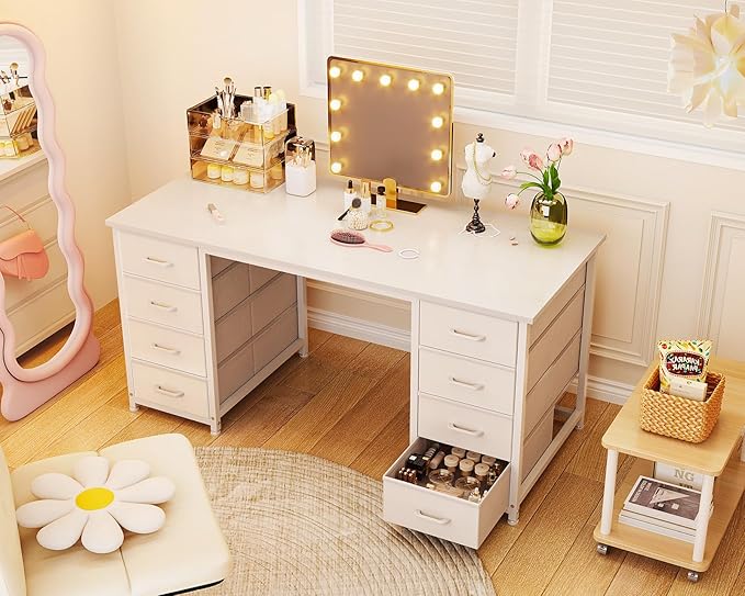 ODK 48 Inch Vanity Desk with 8 Fabric Drawers, Modern Makeup Desk for Bedroom & Dressing Room with Large Storage, Ideal for Home Office, Study, Pure White