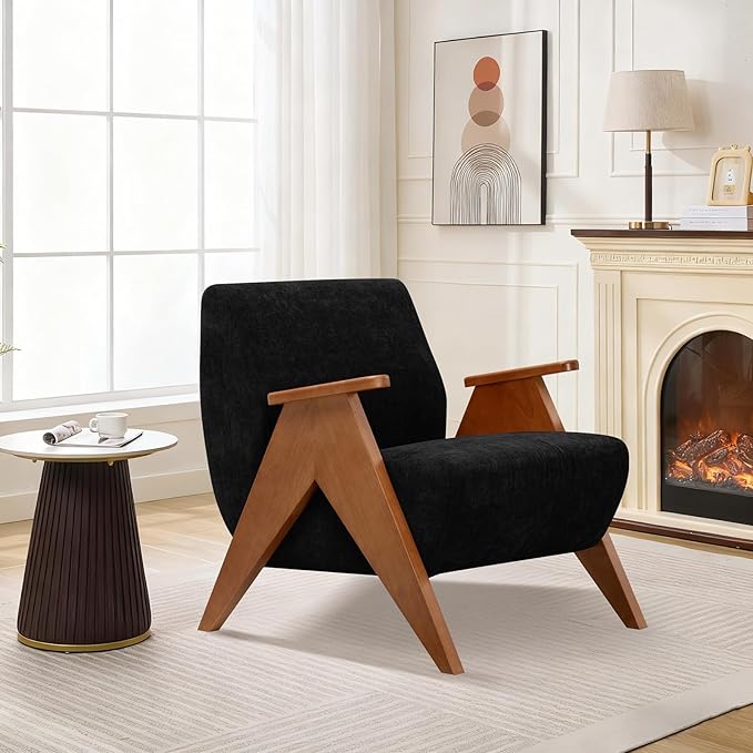 2 Pcs Home Accent Chair Mid Century Modern Accent Chair with Wood Frame, Lounge Upholstered Armchair, Reading Chair, Sturdy Base,For Living Room, Bedroom,Office,Comfy Guest Waiting Room Chairs,Black