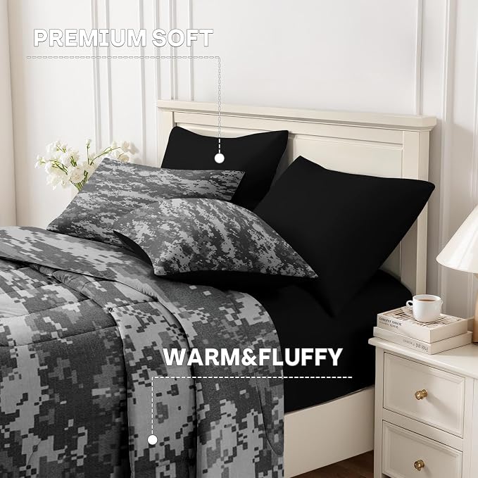 7Pcs Comforter Set Full Size, Gray Camouflage Digital Camo Army Military, Bedding Decor Navy Brown Us Black White Bedroom Bed Set Flat Sheet Fitted Sheet Pillowcases Shams for Kids Adults