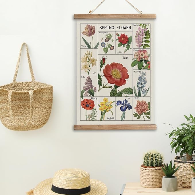 Vintage Spring Flower Poster Print, Botanical Educational Illustration, Rustic Wooden Hanger Frame, Linen Canvas Wall Art Decor, Farmhouse Cottagecore Style for Living Room Bedroom Office (16" x 23")