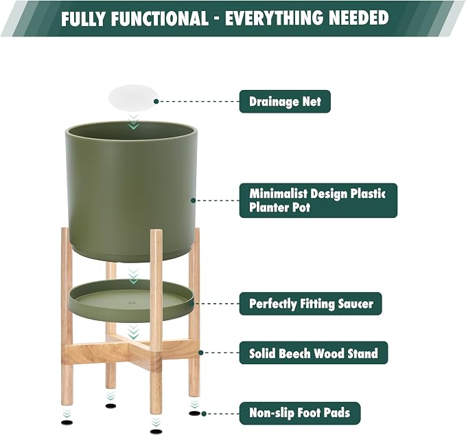D'vine Dev Planter Pot with Stand - 12 Inch Plastic Cylinder Flower Pot with Wood Planter Holder for Indoor, Olive Pot + Natural Stand, 55-C-P-3