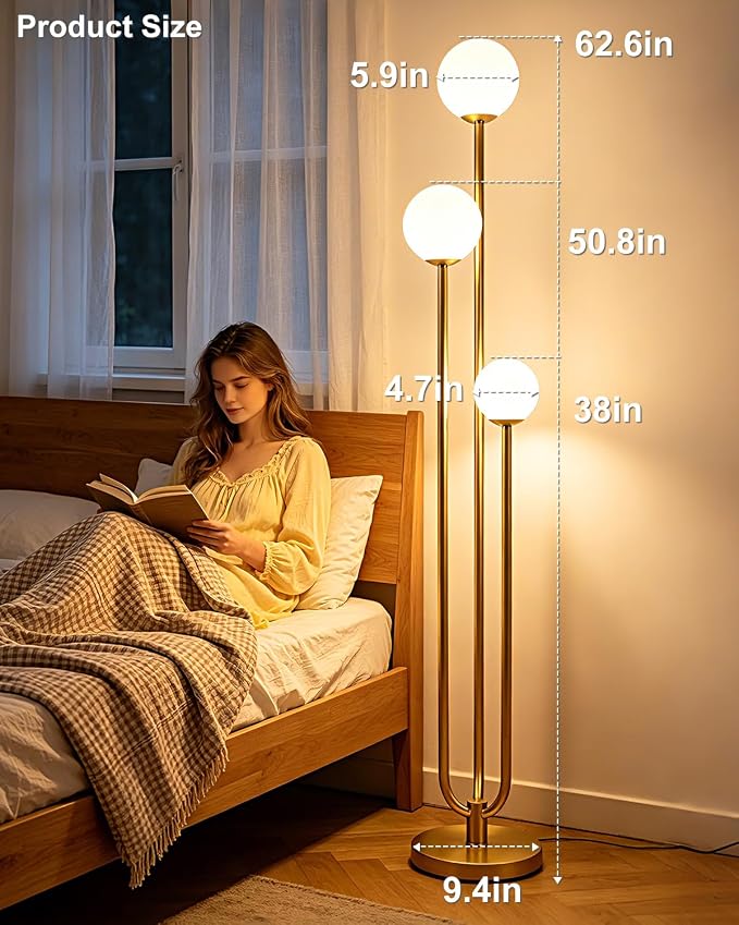 Lightdot 63IN Gold Floor Lamp Dimmable 3-Lights Globe LED Floor Lamps with 3000K Soft Warm White for Wedding/Party Tall Lamp with 5Lbs Heavy Base for Living Room/Bedroom/Sofa Beside/Corner Decor