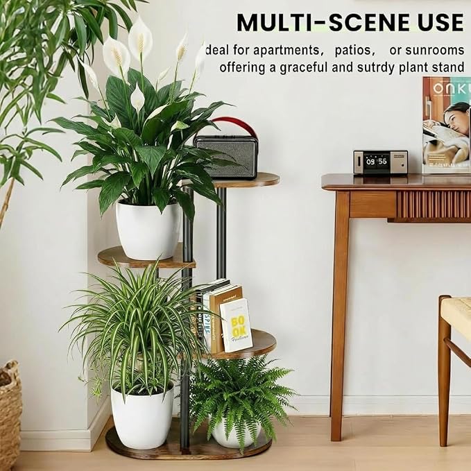 Tiered Plant Stand Indoor, Tall 4 Tier 5 Potted Wooden Plant Shelf for Multiple Flower Plants, Multi Corner Metal Plant Holder Indoor for Patio Garden Patent Design Living Room Balcony Bedroom, Rustic Brown