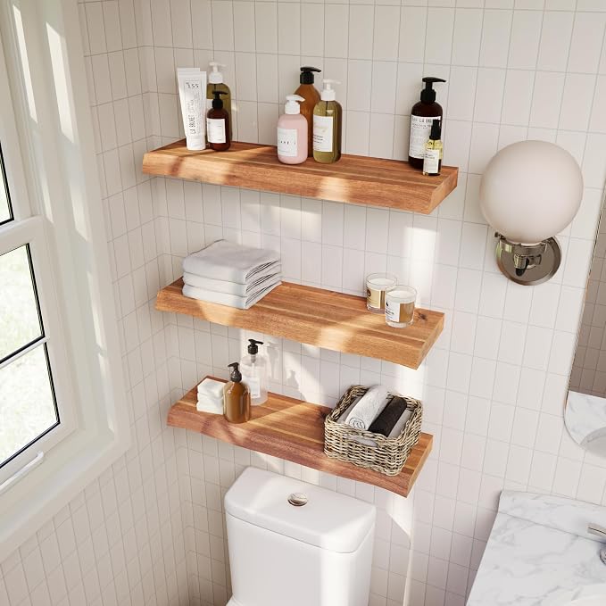 Howizz 36'' Live Edge Floating Shelves for Wall, Acacia Wood Wall Mounted Shelves with Invisible Brackets, Rustic Wooden Shelf Set of 2 for Living Room, Bedroom, Bathroom, Kitchen Decor, Teak Finish