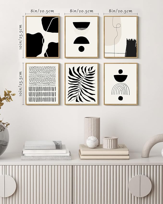 KUVIOKE Black Abstract Framed Wall Art Boho Room Decor Set of 6 Minimalist Geometric Line Art Bohemian Mid Century Modern Prints for Bedroom Living Room 8x10in (Natural Framed)