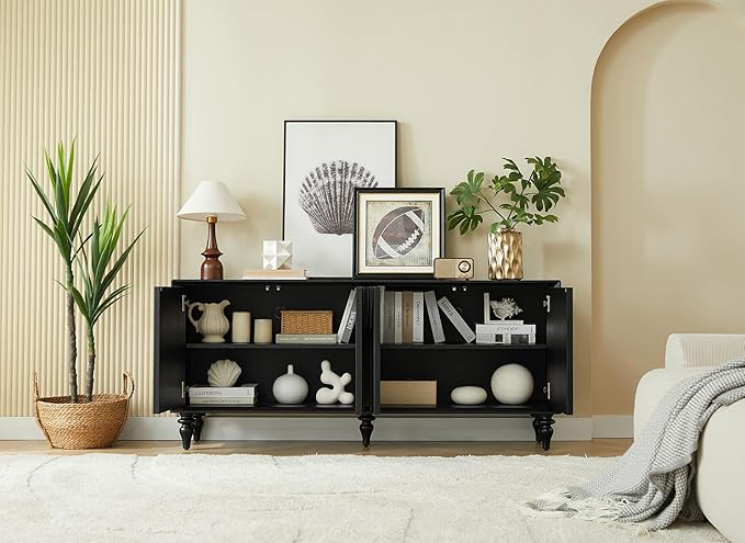LKTART 62.99" Sideboard Buffet Cabinet with Storage, Solid Wood Kitchen Storage Cabinet Credenza Accent Console Table with Solid Wood Roman Legs Dovetail Door Trim Panel Ash Veneer,Black