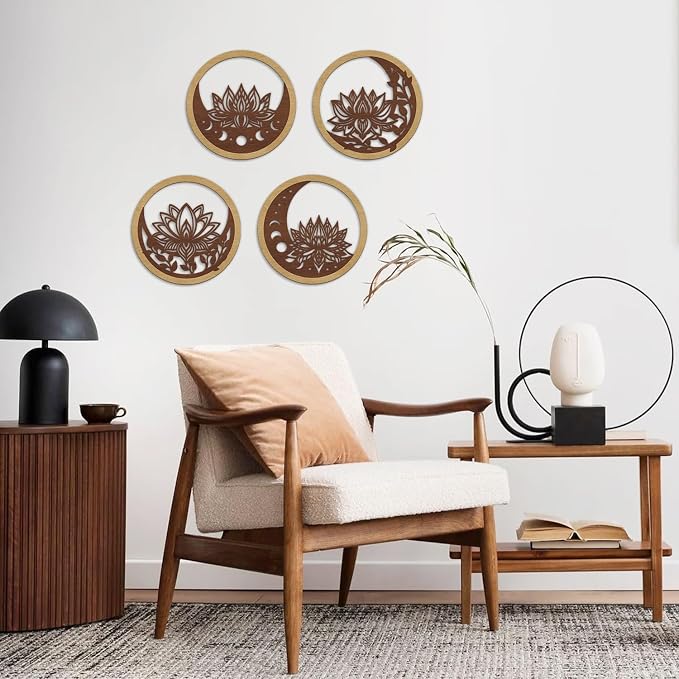 TOARTi 4PCS Buddha Brown Lotus Wooden Wall Art Vintage Mandala Lotus Wall Decor for Living Room Office Bathroom Artwork Indian Mandala Flower Hanging Plaque Abstract Mandala Wood Sign for Yoga Room