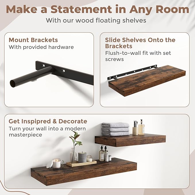 12" Deep Floating Shelves for Wall with Invisible Brackets, Wall Mounted Engineered Wood Shelves with Wood Grain for Living Room, Bedroom, Kitchen Decor and Storage, 24"L Set of 2, Rustic Brown