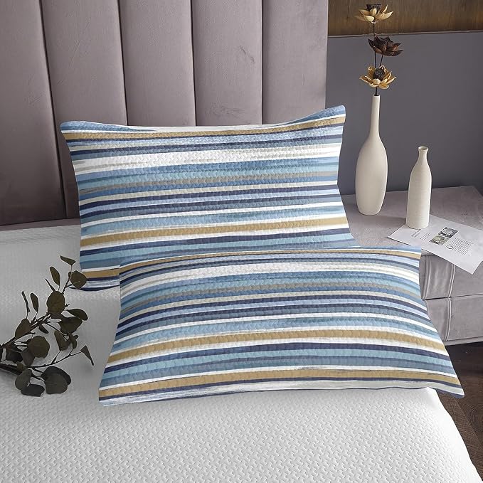 Erosebridal Brown Navy Beige Twin Quilt Set White Teal Grey Coverlet Set, Aesthetic Striped Bedding Set Wave Line Bedspread Set, Grunge Minimalism Bed Quilt Lightweight