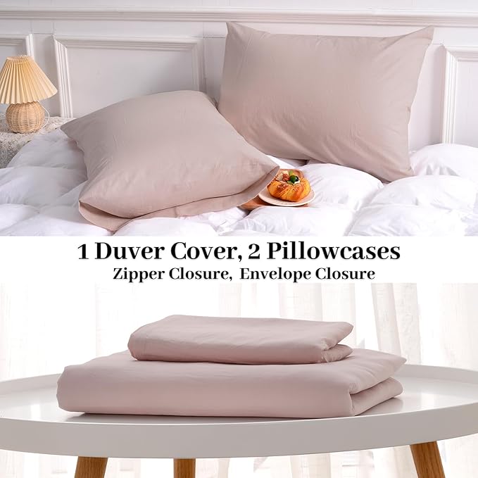 NEXHOME PRO Duvet Cover Set King Size Linen Look Textured Organic Natural 100% Washed Cotton Duvet Cover Greyish Light Pink 3 Pieces Bedding Set with Zipper Closure, Breathable (No Comforter)
