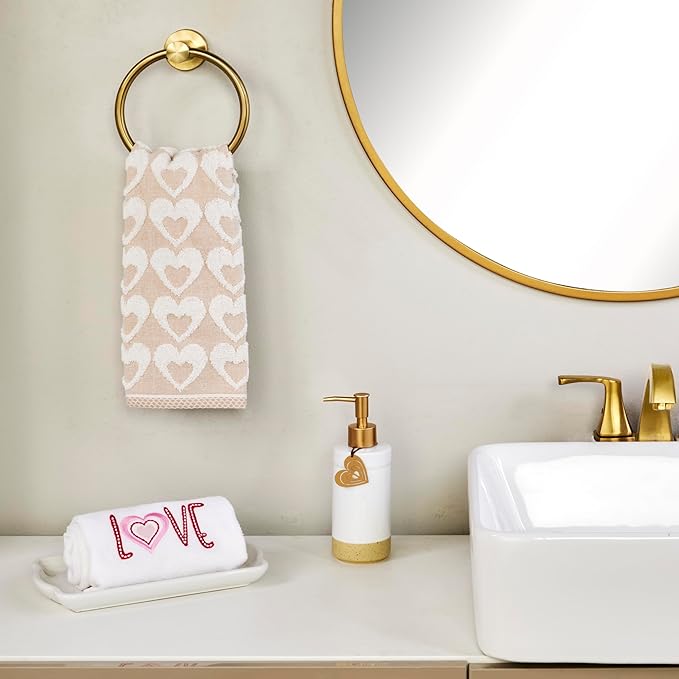 SKL Home Valentine's Day Hearts Jacquard 100% Cotton Reversible 2pc Hand Towel Set, Decorative for Bath/Kitchen/Bar & Gift, Tan