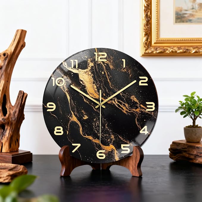 peacoblue Wall Clocks Battery Operated 12 Inch Marble Pattern Glass Round Wall Clock Non Ticking for Kitchen Living Room Dining Room Bedroom and Bathroom Decor Accessories (Battery not Included)