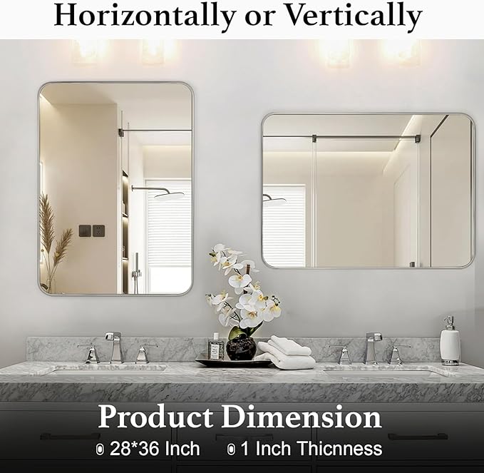 Bathroom Mirror Brushed Nickel, 28 x 36 Inch Metal Frame Rectangle Mirror Rounded Silver Modern Vanity Mirror Anti-Rust for Bathroom, Farmhouse Wall Mounted Vertically/Horizontally