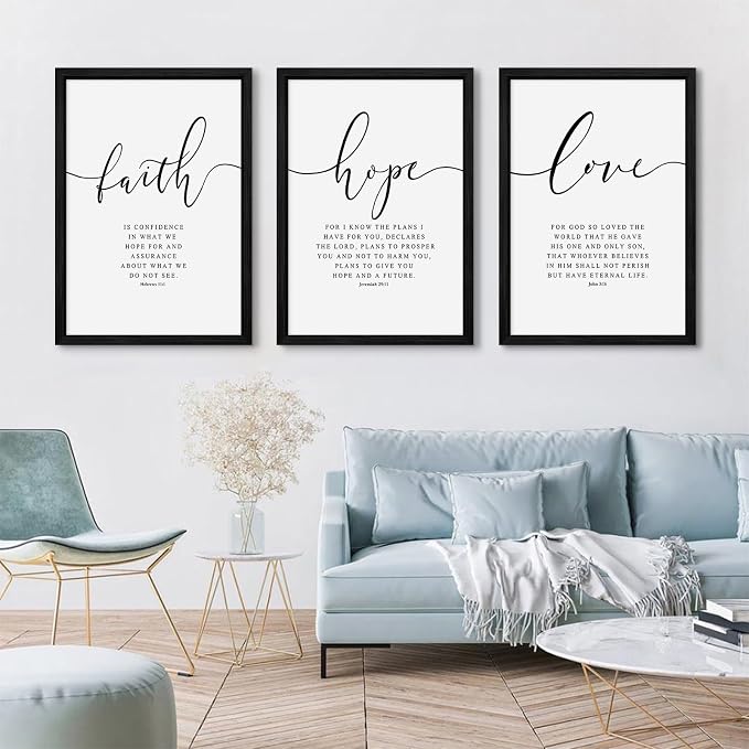 Bible Verses Wall Decor 3 Pieces Scripture Quotes Canvas Wall Art Faith Hope Love Scripture Posters Prints Christian Artwork Pictures for Living Room Bedroom Decoration 16x24 Inch Black Framed