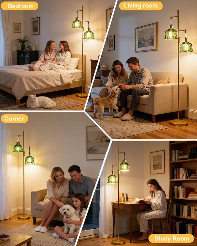 2-Light Modern Glass Floor Lamp, Gold Tall Standing Lamp with Green Flower Glass Shade for Reading, Dimmable LED Floor Lamp with 5Lbs Heavy Base for Living Room Bedroom Home Decor, Bulb Included