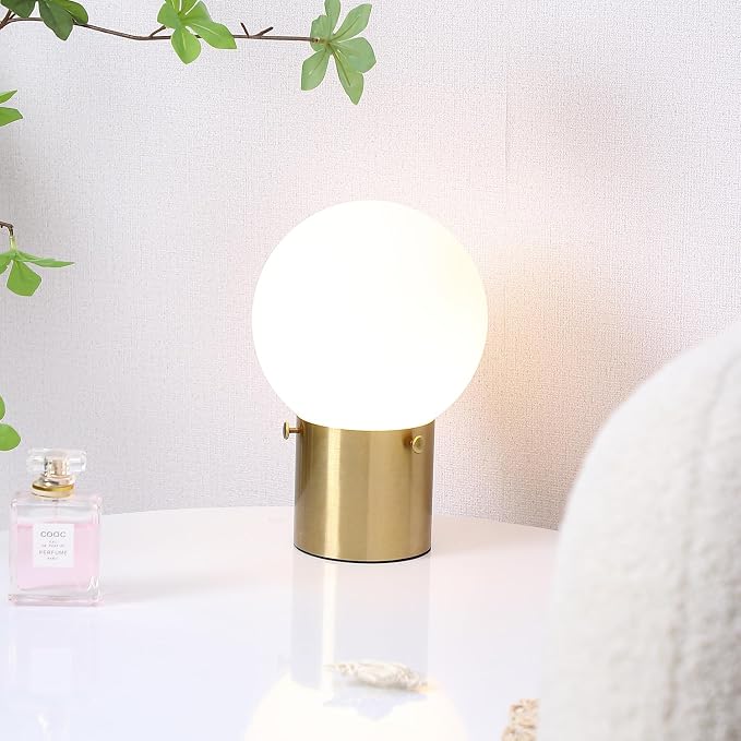 Gold Table Lamp for Nightstand with Frosted Glass Globe Lamp Shade, Mid Century Modern Bedside Lamp with Gold Metal Base, Small Nightstand Lamp Side Table Lamp for Bedroom Living Room Entryway