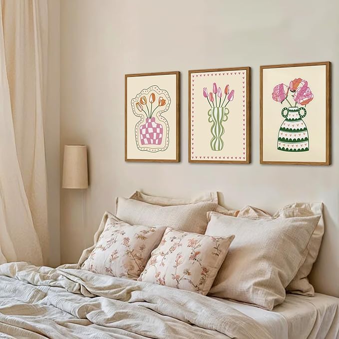 Framed Boho Floral Canvas Wall Art Set of 3, Pink Tulip Flower Paintings Wall Decor, Abstract Botanical Pictures Prints Minimalist Home Decor Aesthetic for Living Room Bedroom Office 16×24 inch