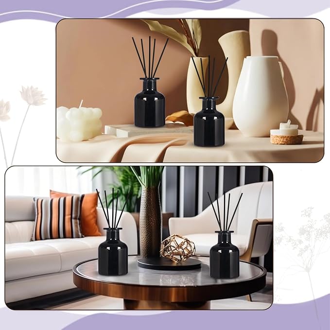 4 Pack Perfume Reed Diffuser Bottle,Empty Big Belly Aromatherapy Essential Oil Bottles Glass Jar with Black Sticks for DIY Fragrance Replacement Diffuser Sets (150ml/ 5 oz, Black Color)