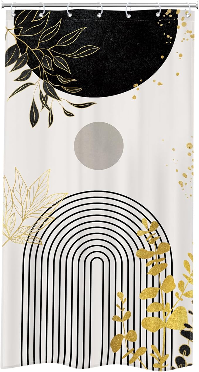 Riyidecor Small Stall Black Gold Boho Shower Curtain for Bathroom Decor 36Wx72H Mid Century Modern Abstract Gold Leaves Minimalist Geometric Art Printed Fabric Polyester Waterproof 7 Pack Plastic Hook