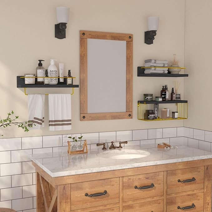 Bathroom Shelves Over Toilet for Wall, Floating Shelves with Storage Basket Paper Holer for Kitchen Living Room, Bedroom & Classroom, Set of 3 (Black and Gold)