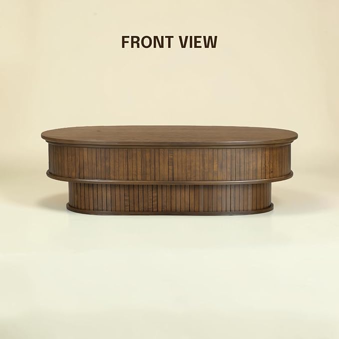 NTC Stream DOU Coffee Table, Modern Oval Wood Table with Removable Top Hidden Storage, Double-Layer Design with Vertical Groove Detail, Contemporary Center Table for Living Room, Dark Walnut
