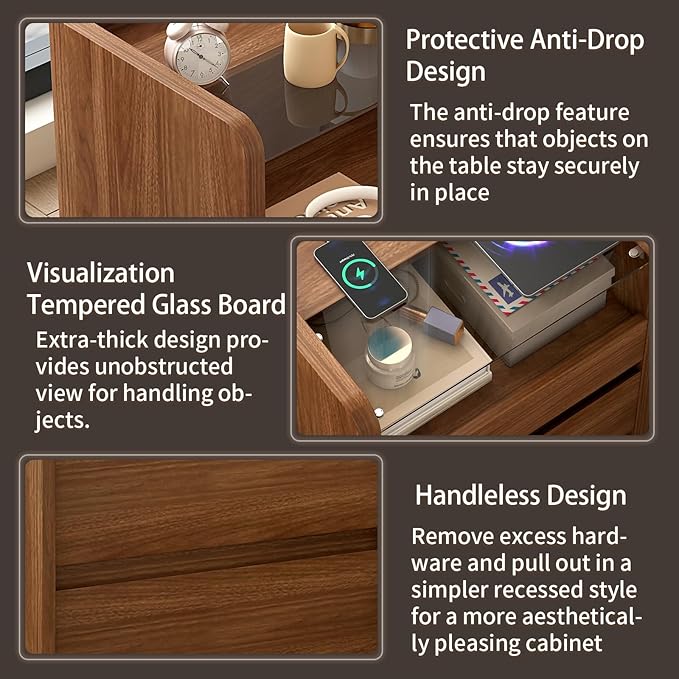 Walnut Nightstand Set of 2 with Charging Station, 20 Inch Wide Night Stand with Drawers, Modern Bedroom Bedside End Table with Round Corners & Reinforced Panel for Dorm, Sofa, Office, Living Room