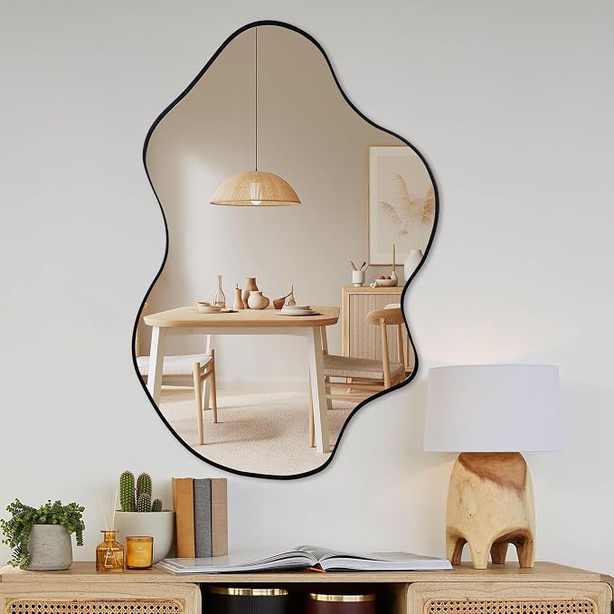 Tanmicoshomy Black Bathroom Mirror 24x36 Inch, Asymmetrical Framed Wall Mirrors with Tempered Glass for Bathroom, Bedroom or Living Room, Vertical or Horizontal Hanging