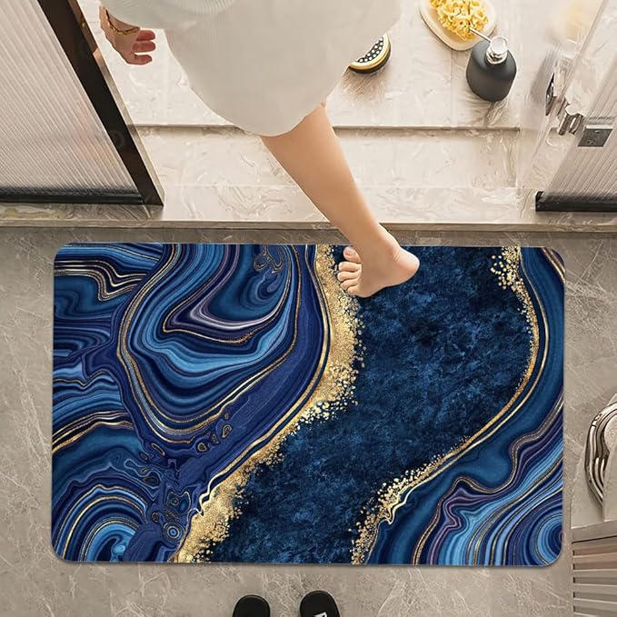 Bath Mat Rug,Dark Blue Gold marbleNon Slip Quick Dry Super Absorbent Thin Bathroom Rugs Fit Under Door-Easy to Clean Bathroom Floor Mats-Shower Rug for Shower Sink Bathtub(17" x 27.5"in)