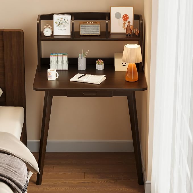 IOTXY Small Writing Desk with Hutch - 31.5" Work Computer Study Table with Drawer for Home and Office, Black Walnut