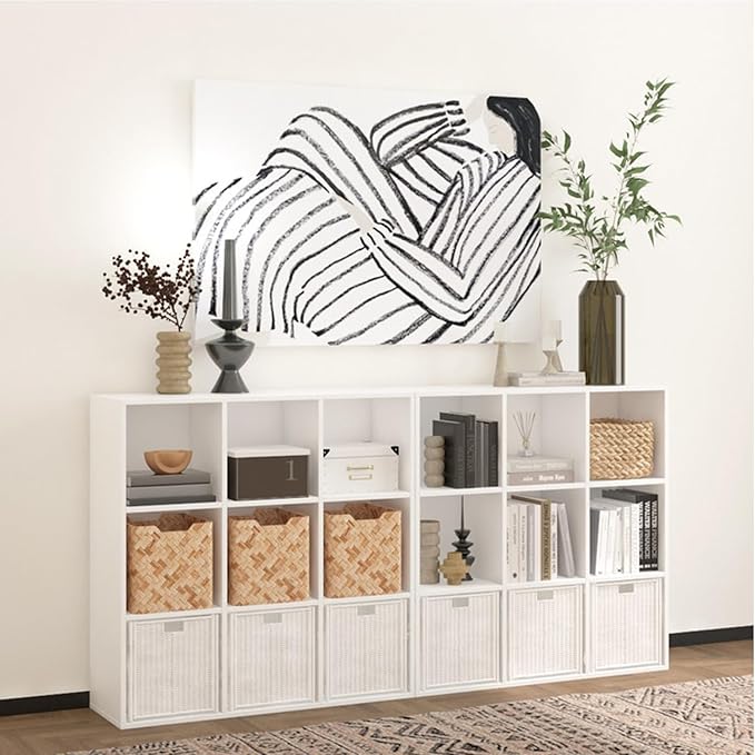 Wooden 9 Cube Storage Organizer with Closed Back Panel,White Cube Shelf Cubby Storage Organizer with Compartments for Living,Bookshelf, Easy to Install (White, 9 Cube-11in)